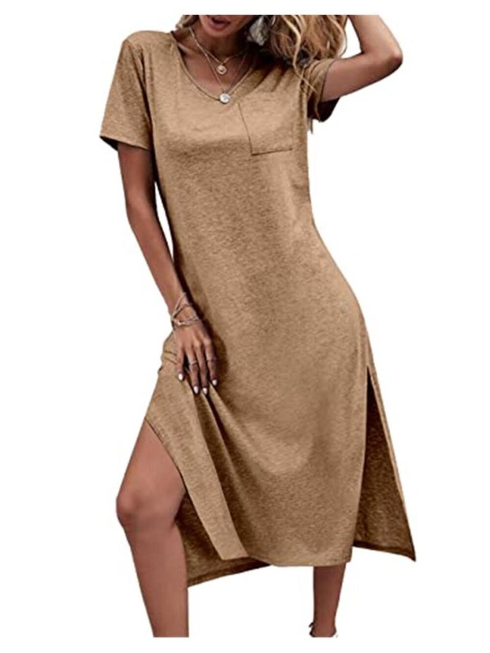 Womens Maxi Dress Short Sleeve Casual Long T Shirt Dress Soft Stretch Pockets - Picture 2 of 4